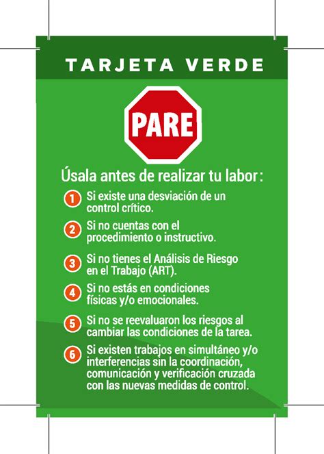 Tarjeta Verde Codelco para imprimir Prevención de riesgos Studocu