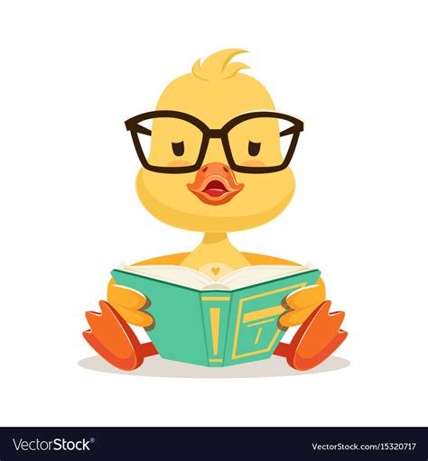 Little yellow duck chick in glasses sitting Vector Image