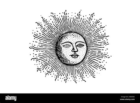 Vintage Celestial Face Engraved Retro Vector Illustration Of Sun And