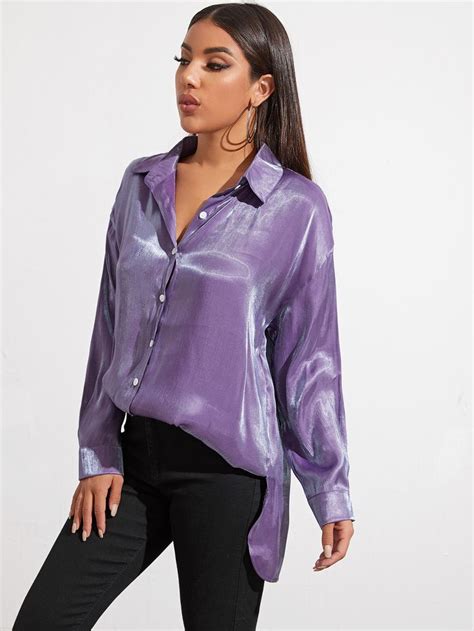 Drop Shoulder Oversize Holographic Blouse Metallic Blouses Types Of