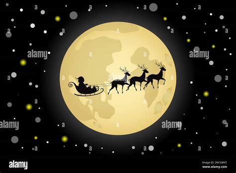 Silhouette Of Santa Claus And His Reindeer Sleigh On Moon Background