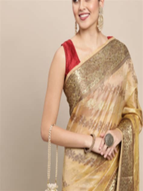 Buy Saree Swarg Beige Golden Ethnic Motifs Organza Banarasi Sarees