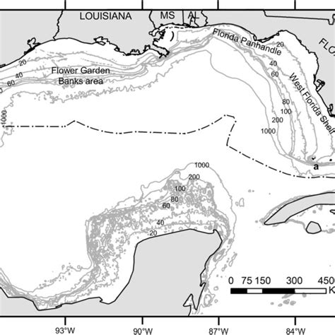 Map Of The Gulf Of Mexico Gom Depth Contours Are Labeled In 20 Download Scientific Diagram