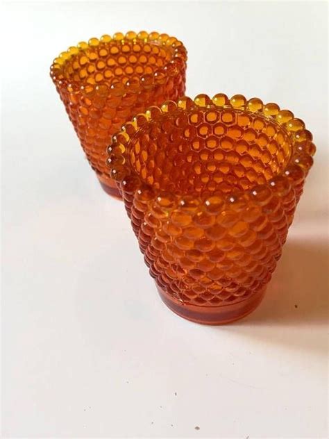 Orange Hobnail Glass Votive Candleholders Fall Decor Pair Of Hobnail Candle Votives Autumn