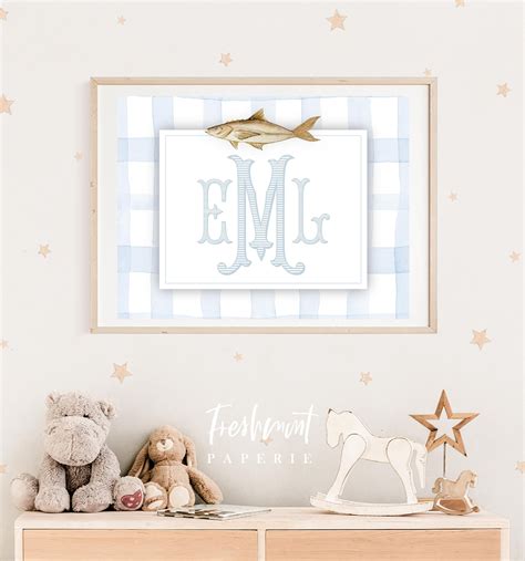 Gingham Fishing Wall Art Gingham Wall Art Monogram Wall Art Monogram