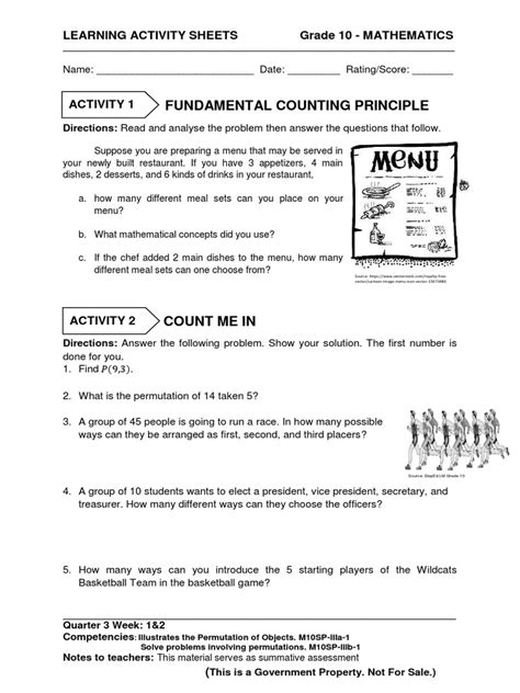 Fundamental Counting Principle Learning Activity Sheets Grade