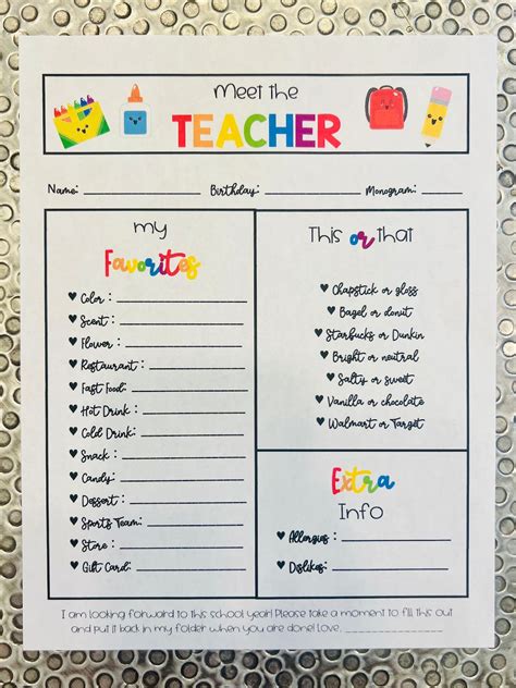 Teacher Favorite Things Questionnaire Back To School Teacher Survey