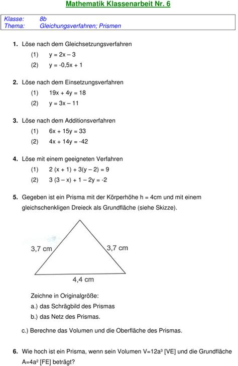 Klassenarbeit Zu Linare Gleichungssysteme