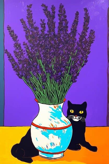 Una pintura de un gato y un jarrón de lavanda Foto Premium