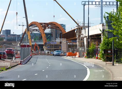 New rail bridges under construction over the river Irwell and Trinity Way, for the Ordsall Chord ...