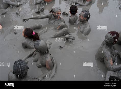 People Taking Mud Bath In Crater Of Totumo Volcano Near Cartagena