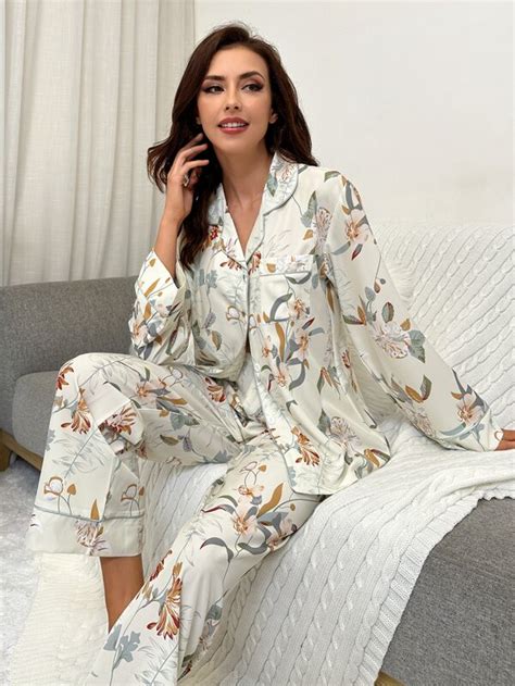 Floral Print Contrast Piping Satin PJ Set SHEIN EUQS