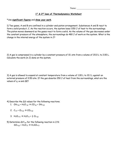 Laws Of Thermodynamics Worksheets