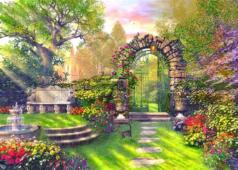 Beautiful Garden Scene Stone Arbor With Wrought Iron Gate And Lantern