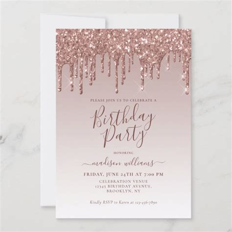 Pink Rose Gold Glitter Sparkle Dripping Birthday Invitation Zazzle