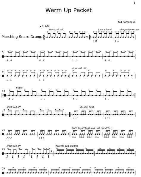 Warm Up Packet Sheet Music For Marching Snare Drums