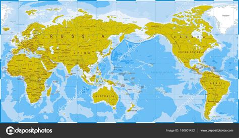 Mapa Del Mundo Azul Verde Detallado Asia En El Centro De Vector De