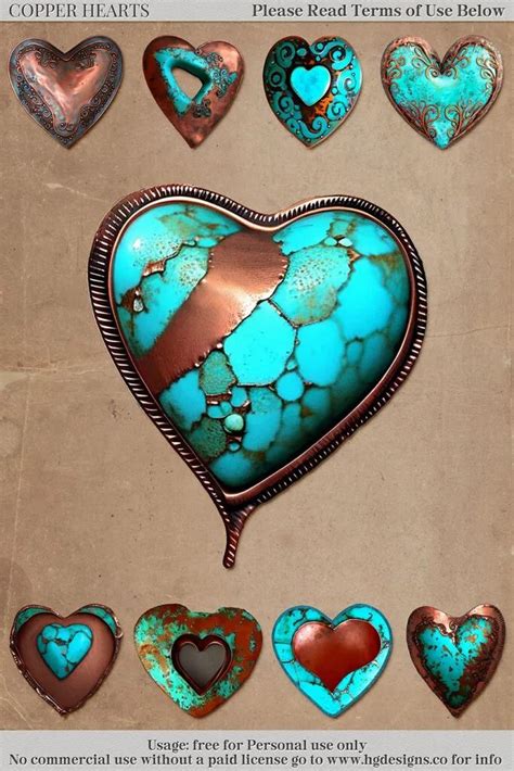 An Assortment Of Heart Shaped Turquoise And Copper Metal Pieces With