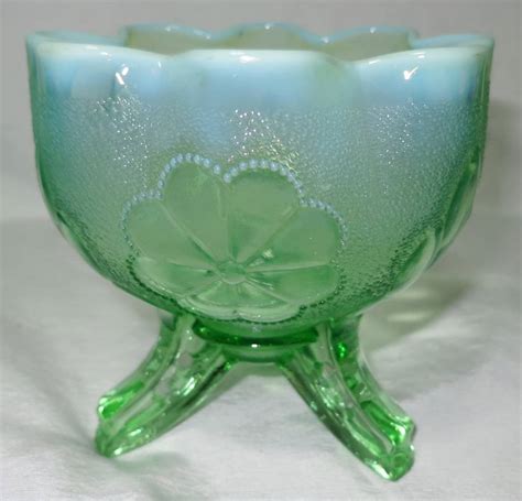 Daisy And Plume Green Opalescent Footed Rose Bowl By Northwood Replacements Ltd