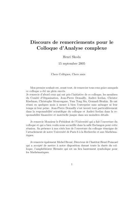 Discours De Remerciements Pour Le Colloque D Analyse Complexe 21777 ...