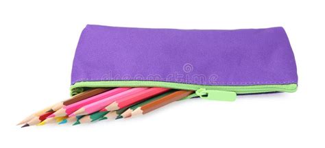 Many Colorful Pencils In Pencil Case Isolated On White Stock Image