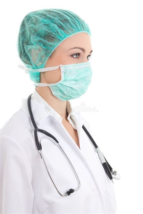 Portrait of Young Female Doctor in Surgeon Mask Isolated on Whit Stock ...