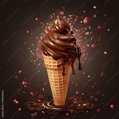 Gourmet summer: Chocolate ice cream cone with creamy topping and crunchy chocolate sprinkles ...