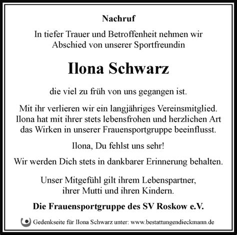 Traueranzeigen von Ilona Schwarz Märkische Onlinezeitung Trauerportal