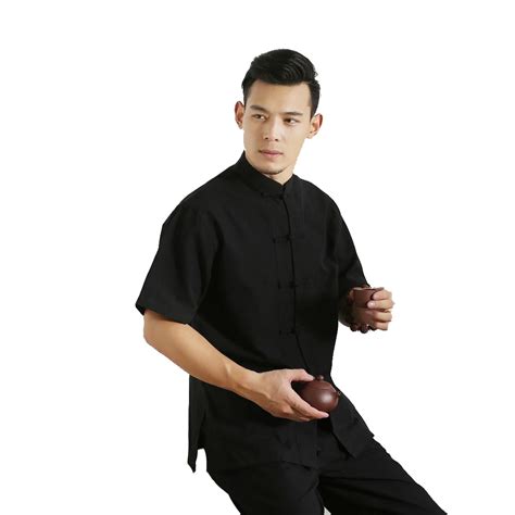 Mens 100 Cotton Short Sleeve Tang Suit Top Male Kung Fu Tai Chi