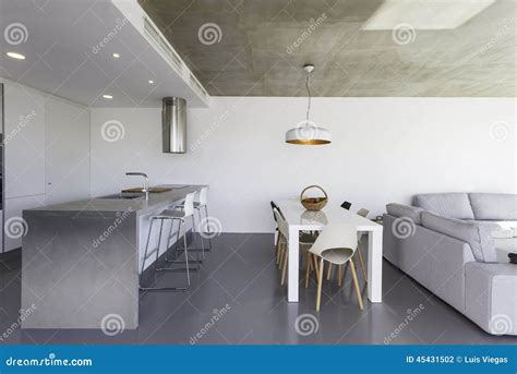 Modern Kitchen with Gray Floor and White Wall Stock Photo - Image of ...