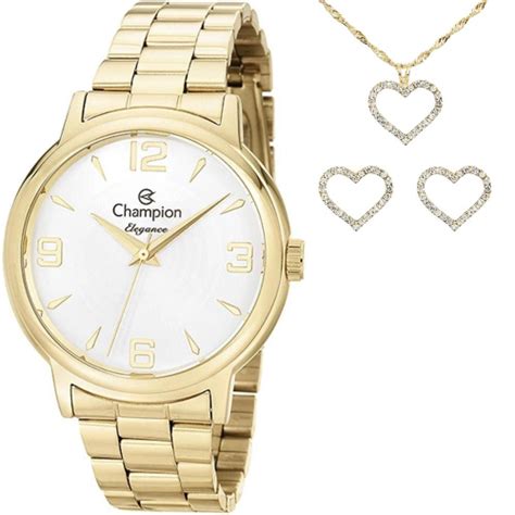 Rel Gio Champion Dourado Feminino Kit Semijoias Elegance Cn W