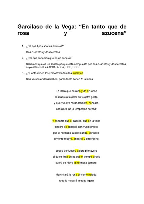 Garcilaso Ejercicio Resuelto Garcilaso De La Vega En Tanto Que De