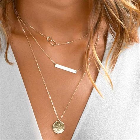 Bohemian Gold Color Chain Circle Long Bar Pendant Necklace Multilayer