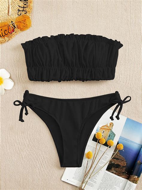 SHEIN Swim Summer Beach Rib Knit Bikini Set Frill Trim Bandeau Bikini