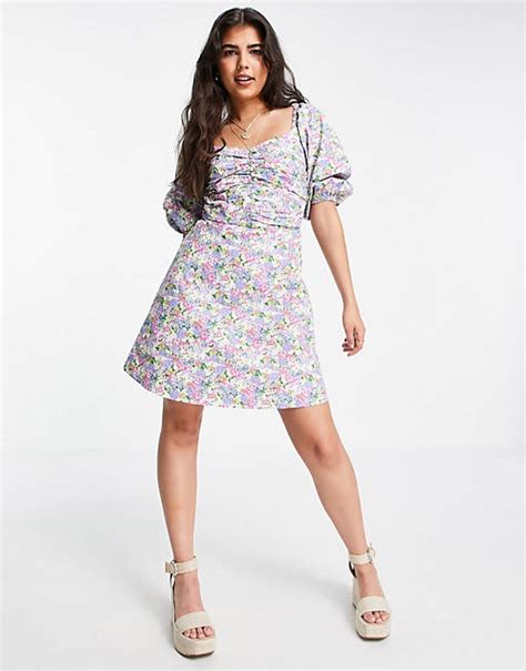 Miss Selfridge Ruched Poplin Mini Dress In Cluster Floral Asos