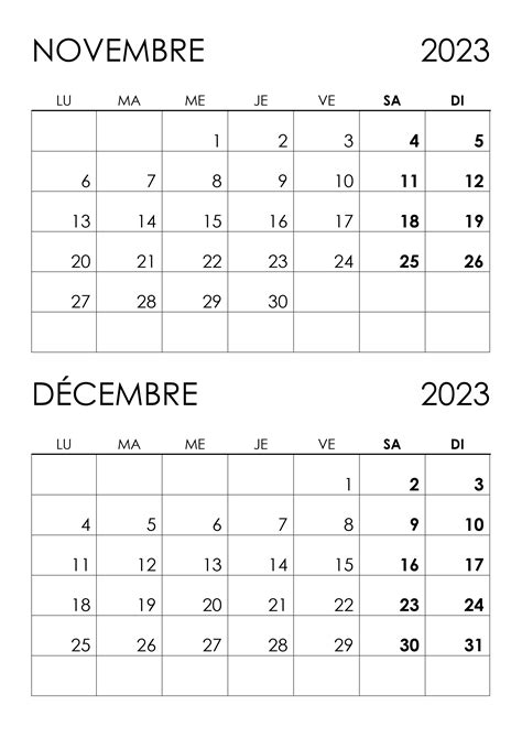 Calendrier novembre décembre 2023 calendrier su