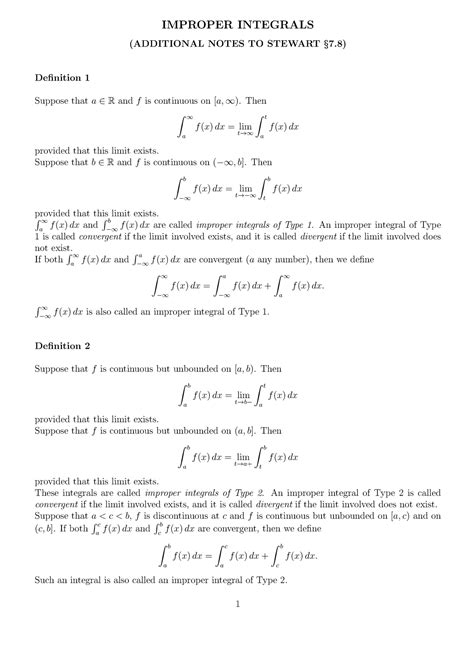 Improper Integrals Notes Of Lecture Improper Integrals Additional