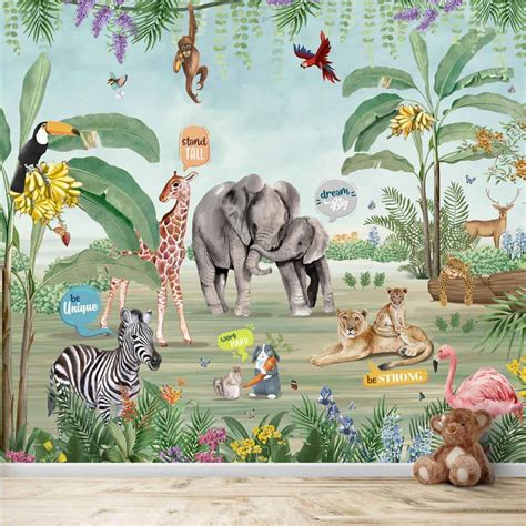 Jungle Theme Wallpaper with Cute Animals and Quotes