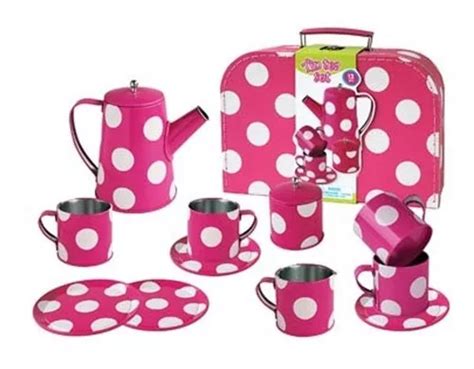 Juego Cocina Infantil 13 Piezas Tea Set Tazas Lunares Mini Color Rosa