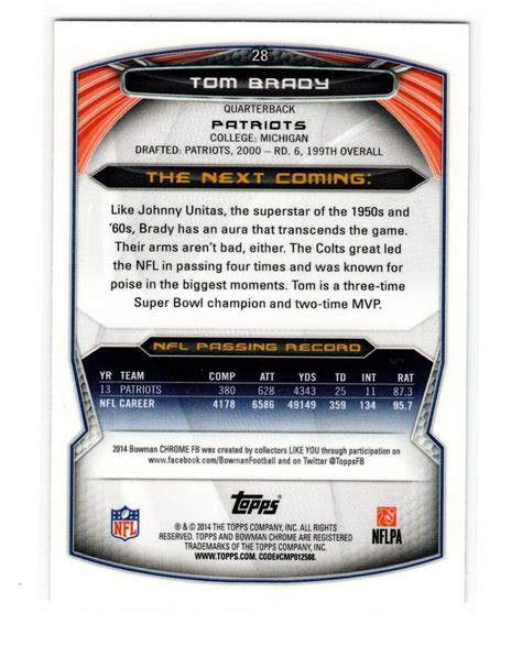 Tom Brady 2014 Bowman Chrome 28 MVP GOAT MINT FROM PACK EBay