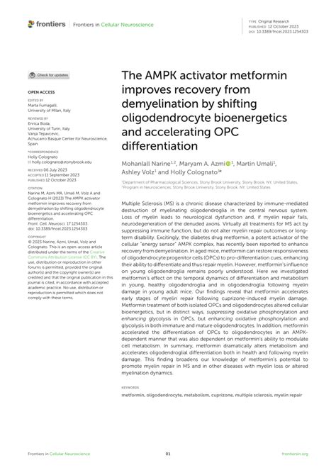 PDF The AMPK Activator Metformin Improves Recovery From Demyelination