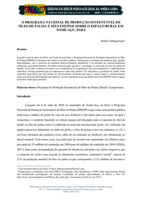 Pdf O Programa Nacional De ProduÇÃo SustentÁvel De Óleo De Palma E