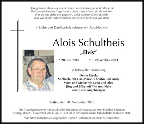 Traueranzeigen Von Alois Schultheis Rz Trauer De