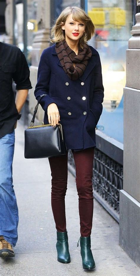 Taylor Swift Street Style Navy Blue Jacket Burgundy Jeans And Forest