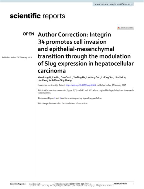 PDF Author Correction Integrin β4 promotes cell invasion and