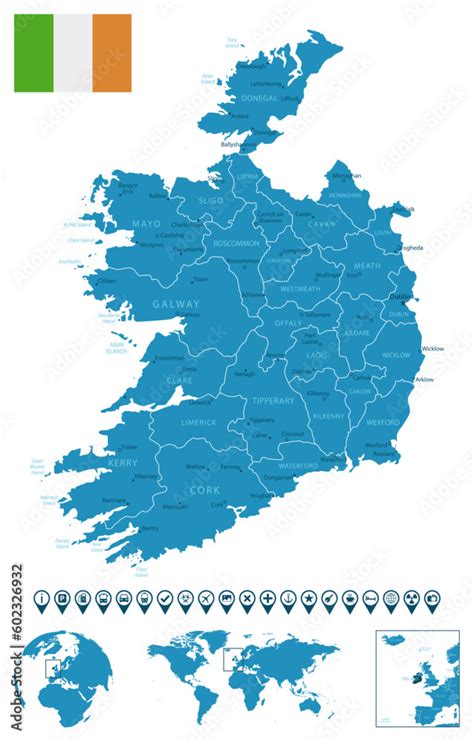 Ireland - detailed blue country map with cities, regions, location on ...