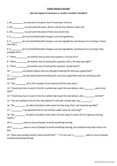 Could Would Or Should General Gram English Esl Worksheets Pdf And Doc