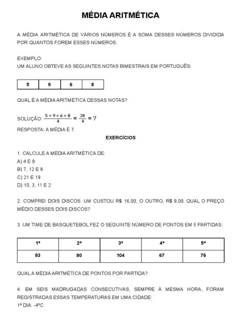 Exercícios De Média Aritmética 8 Ano - Exercícios de Média Aritmética | PDF
