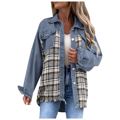 Black And Friday Deals 2023 Plaid Shacket Jacket Women Clearance Women Jean Jacket Long Sleeve