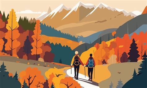 Premium Vector Couple Hiking In Autumn Mountains Autumn Landscape In